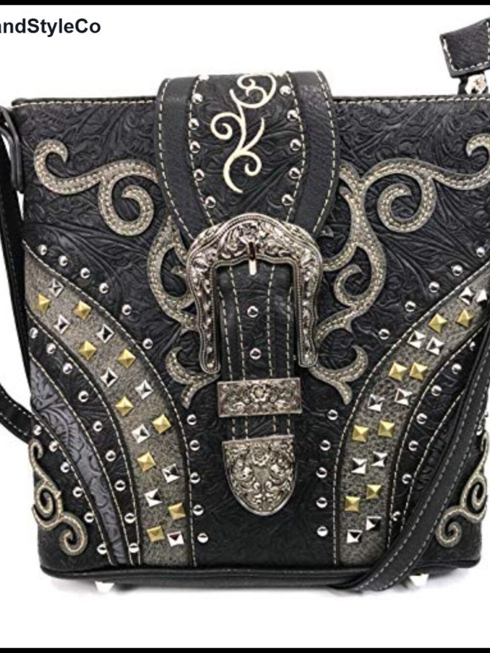 Tooled PU Leather Floral Studded Conceal Carry Crossbody Messenger Handbag
